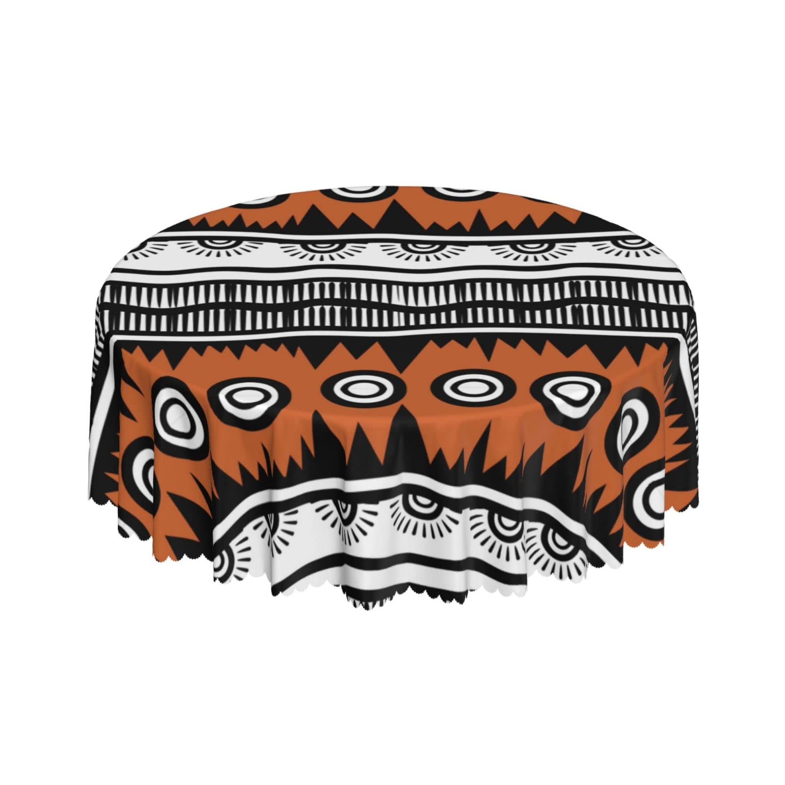 Lsjuee Abstract Tribal White Stripe Exotic Brown Round Tablecloth 60 Inch Printed Washable Tablecloth for Dining Party Holiday Fall Home Decorative