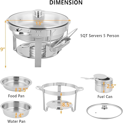 Miniatura 8 de ROVSUN Juego de bufé de 5 cuartos de galón de acero inoxidable NSF redondo para catering, servidores de buffet y calentadores con soporte de tapa y