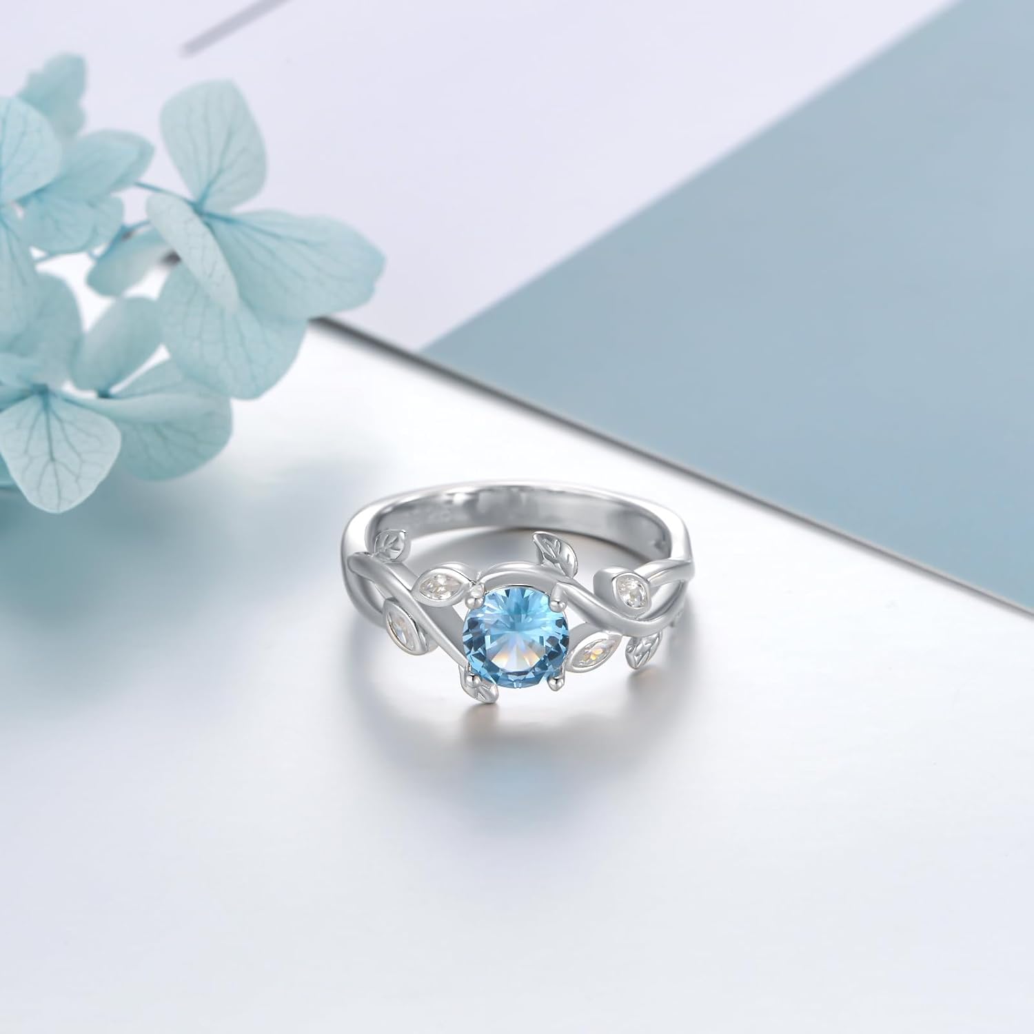 March Birthstone Ring for Women Sterling Silver Aquamarine Leaf Ring Promise Ring for Her Round Shaped 6 MM Gemstone Branch Statement Ring - Image 4