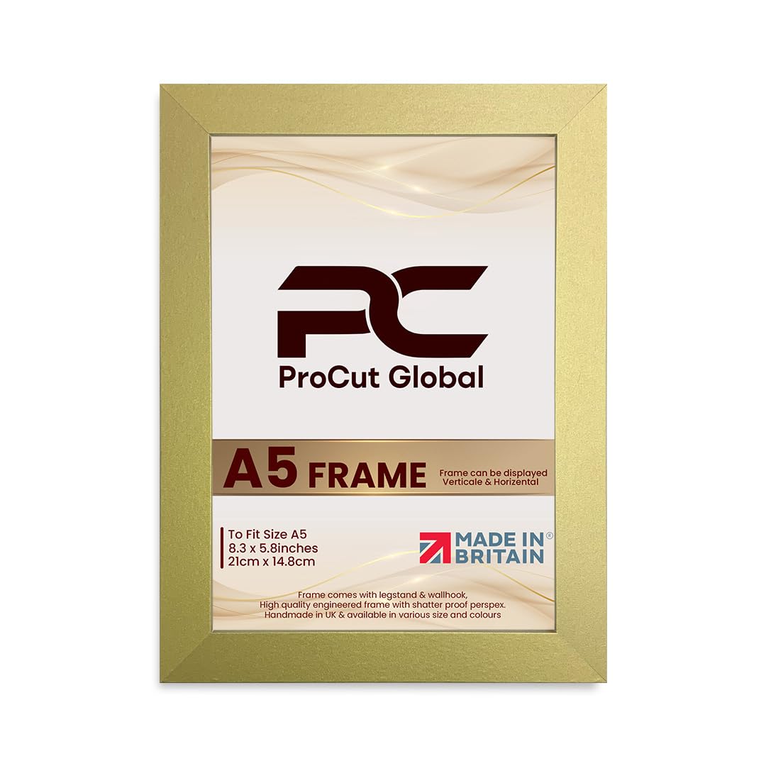 Gold Procut Global Picture Frames A5 -Modern A5 Frames With Safe Perspex Front & Wall Hanging Hooks -Premium Synthetic Wood- Handmade Frames