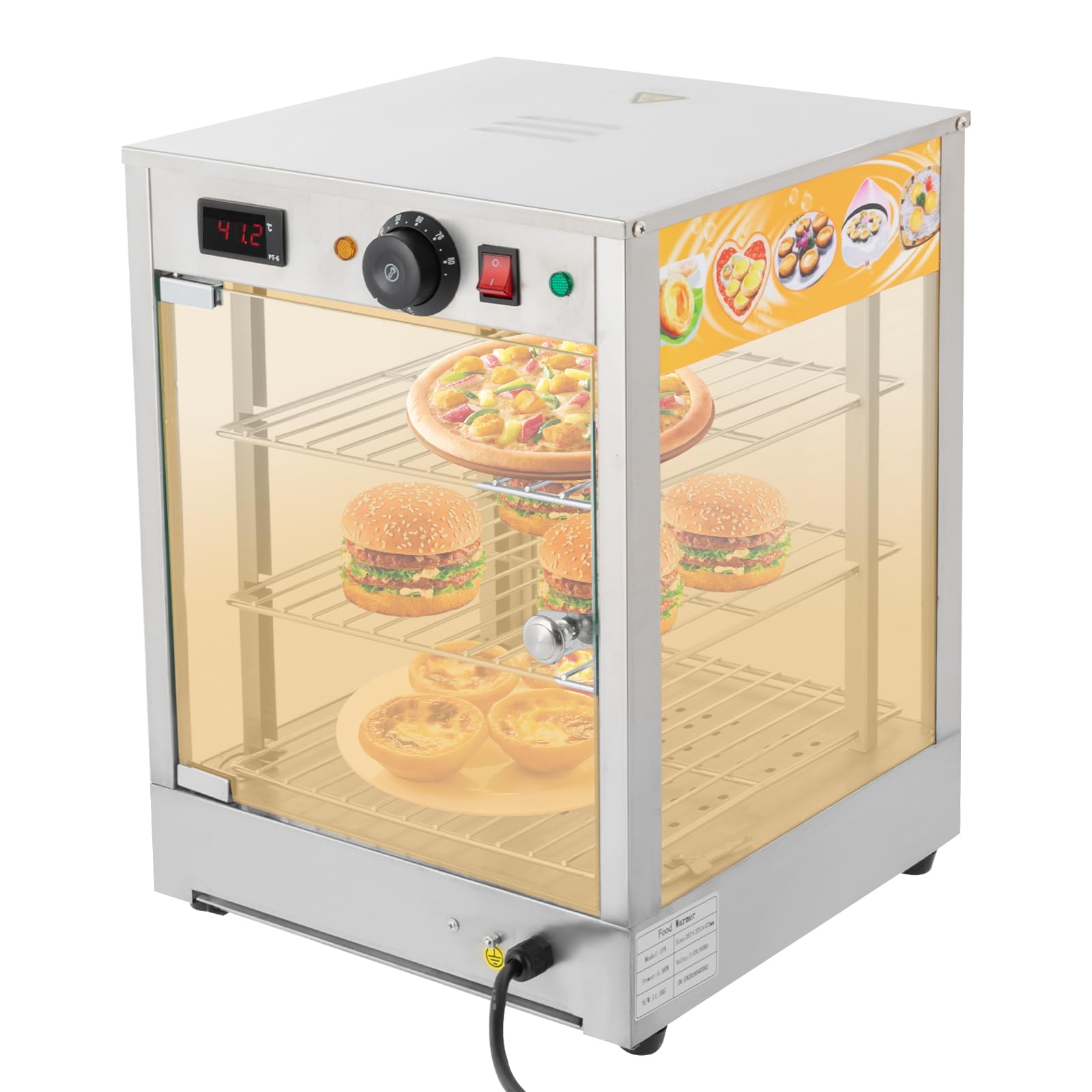 Food Warming Cabinet, 3-Tier 800W Commercial Food Warmer 86?~185? Temperature Control Warm Light Color Food Steamer Bun Warmer Machine with Digital Display Hot Boxes for Catering Silver