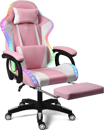 WLYMQFC Silla de juegos con reposapiés, silla de videojuegos musical, respaldo alto con soporte lumbar, silla de juegos de masaje con altavoces y