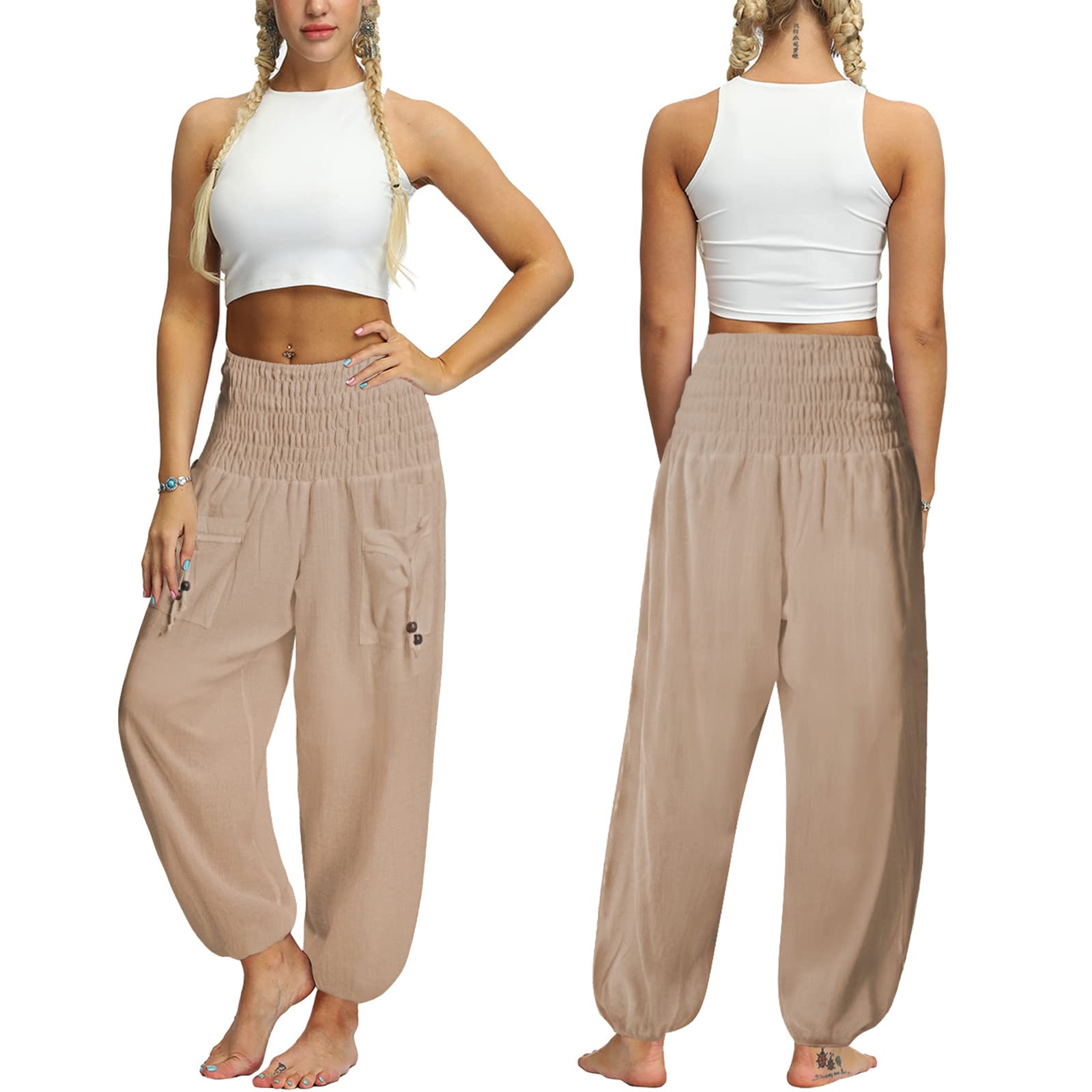 Nuofengkudu Pareja Hippie Pantalon Harem Elásticos Cintura Alta Bolsillos Bombachos Comodos Yoga Pants Pantalones Unisex Pijama Verano Playa Viaje Casual