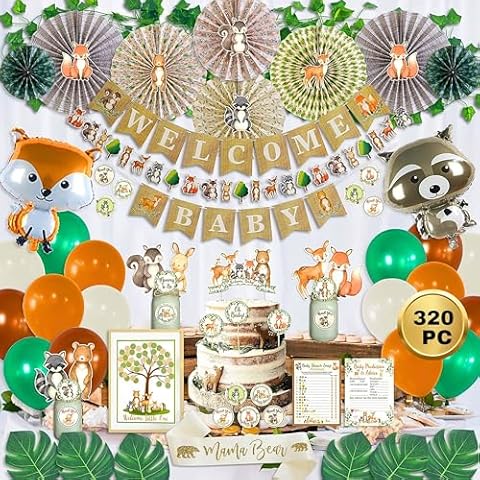 268 Piece Woodland Baby Shower Decorations for Boy Or Girl Kit | Gender Neutral Forest Animal Decor | Banners Garland Fans Guestbook Sash Balloons Cake Topper Games Stickers Creature Cutouts Ivy Vines Cover