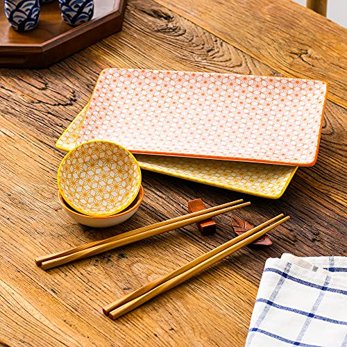 Vancasso Natsuki Porcelain Sushi Plate Set For 2, 6 Pieces Japanese Style Ceramic Yellow Orange Sushi Serving Set, Including Sushi Platters | Dip Bowls | Bamboo Chopsticks #TOP6