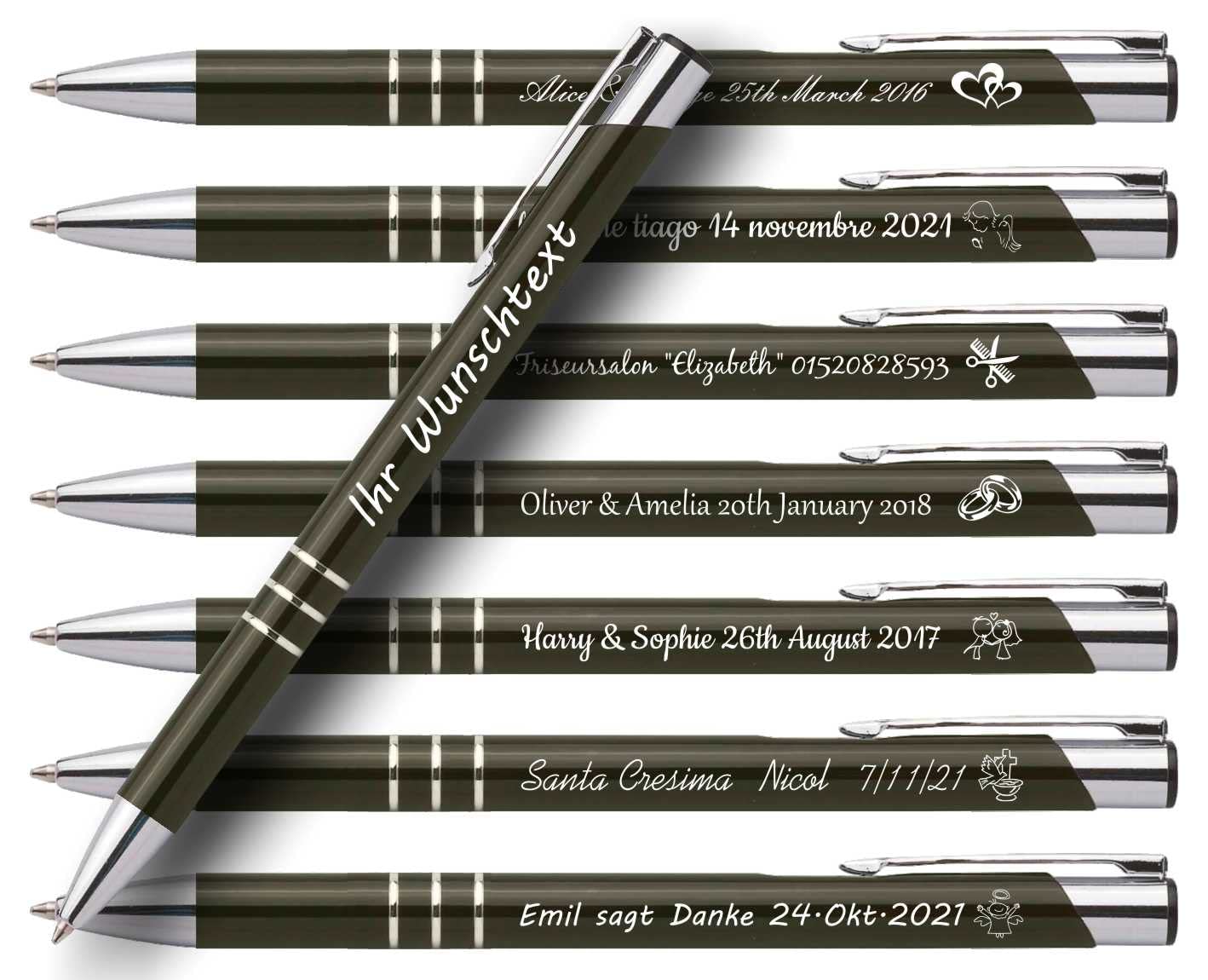 50 bolígrafos de boda gris oscuro grabados personalizados. Cualquier texto que quieras. Para diversas ocasiones: souvenirs para invitados de boda, comuniones, bautizos, cumpleaños, aniversarios.