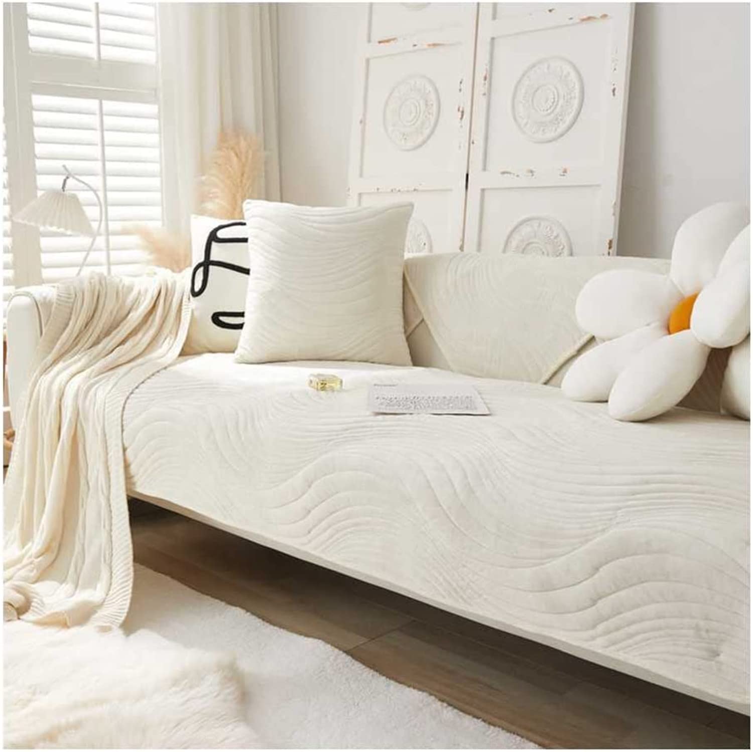 LINGKY Sofa Slipcover Corner 3/2/1 Seater Sofa Cover L Shape Couch Cover Velvet Thick Sofa Protector Anti-slip Quilted Corner Slipcovers Washable for Sectional Couch (Cream-1,110x110cm)