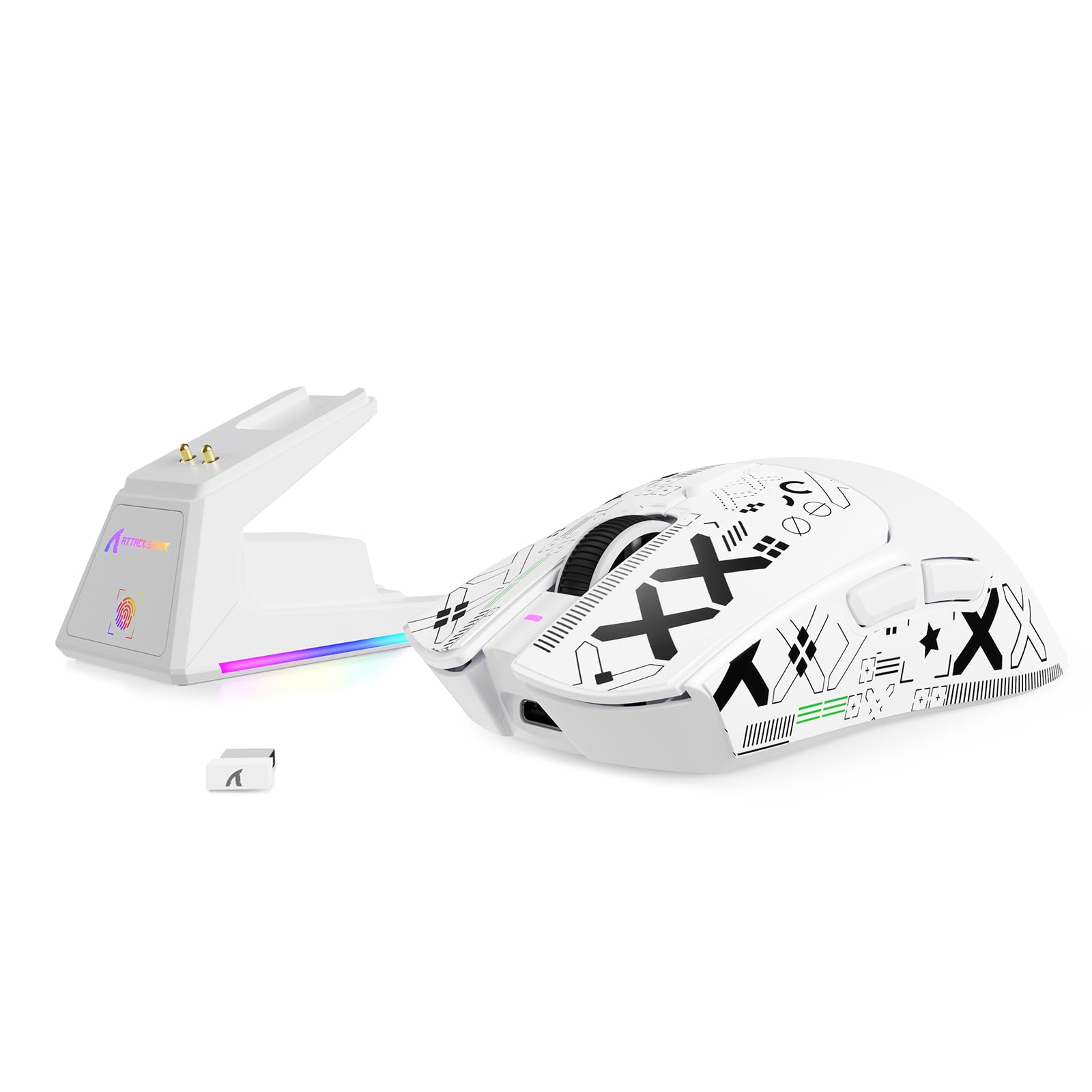 MAMBASNAKE x Attack Shark X1 Souris Gaming Légère avec Station de Charge, 49g Ultra-légère, Mice de Office Filaire/sans Fil BT/2,4G avec Grip Tape, Capteur PixArt PAW3395 Pro 40K PPP, PC/Mac - Blanc