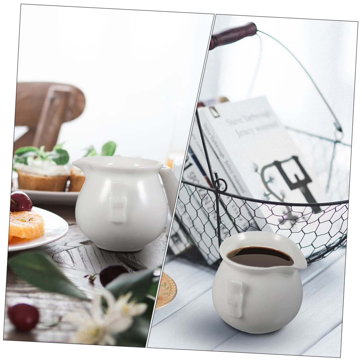 BEBEMOKO Sauce Bucket Saucer Boats with Handle Creamer Cup Gravy Dispenser Salt Container Mini Gravy Sauce Mini Milk Bottles Dipping Sauce Cup Condiment Container Ceramics White