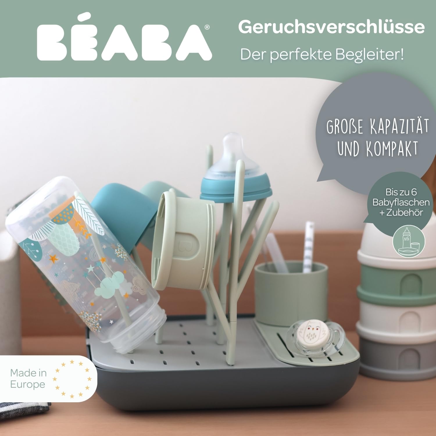 BÉABA Flaschen- und Kindergeschirrabtropfer – Großes Fassungsvermögen, Modular, Für bis zu 6 Flaschen, Zubehörbehälter, Optimierter Wasserablauf, Platzsparend & Praktisch – Salbei/Mineral