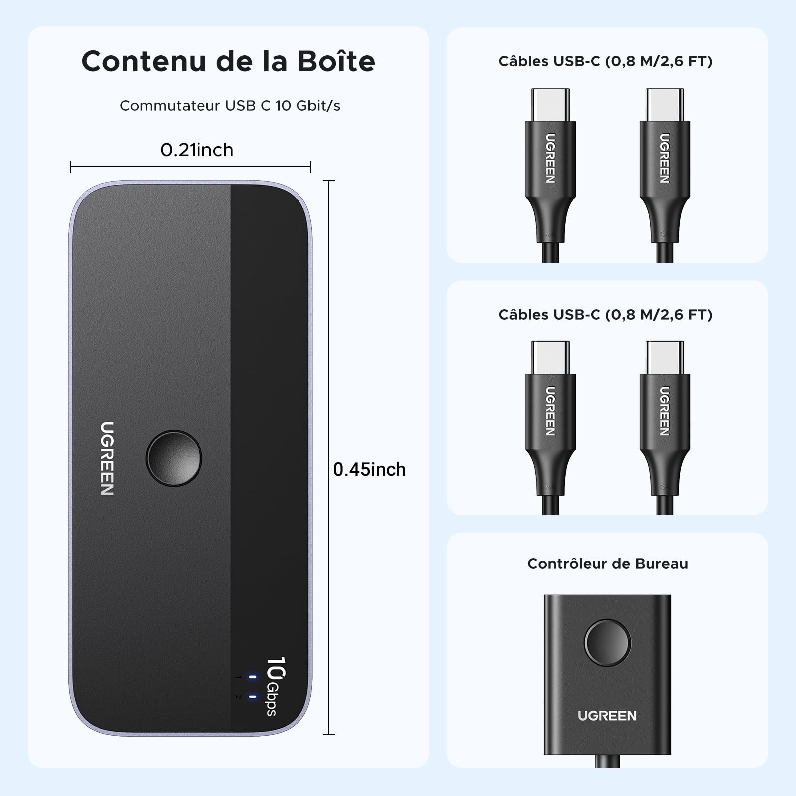 UGREEN Switch USB C 3.2 10Gbps Commutateur KVM Ports pour 2 PC Entrées 4 Sorties pour Clavier Souris Disque Dur Imprimante avec Contrôleur du Bureau et Câbles Inclus Plug Play