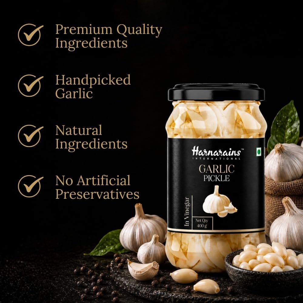 Harnarains Garlic Pickle in Vinegar (Sirka Wala Lahsun) – Oil-Free, Peeled Garlic Cloves in Brine | 400g | Preservatives 2