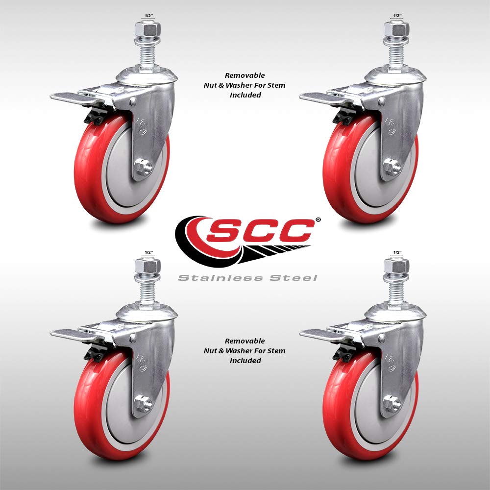 Stainless Steel Polyurethane Swivel Threaded Stem Caster Set of 4 w/5