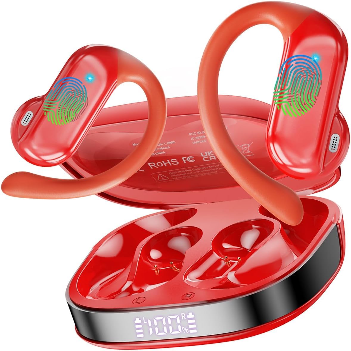Open Ear Headphones with Earhooks, 42H Bluetooth 5.4 Sports Earbud Burgundy