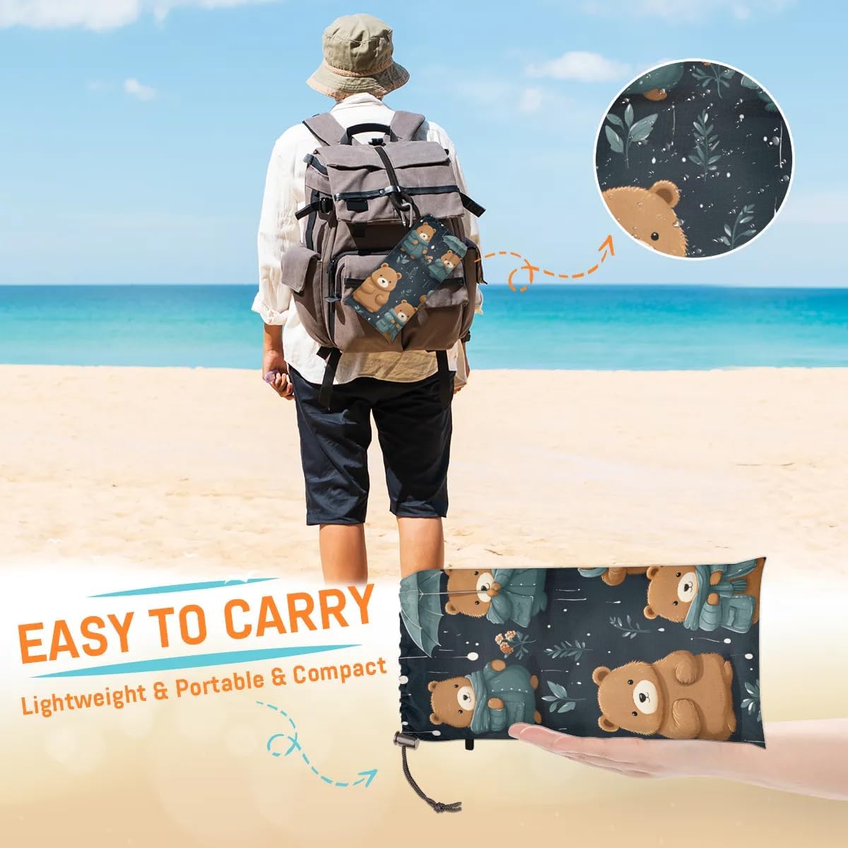 Honeybaby Beach Blanket Waterproof Sandproof Cute Bears Beach Mat Sand Free 59''×68'' Lightweight Portable Outdoor Blanket for Picnic Camping Travel Hiking