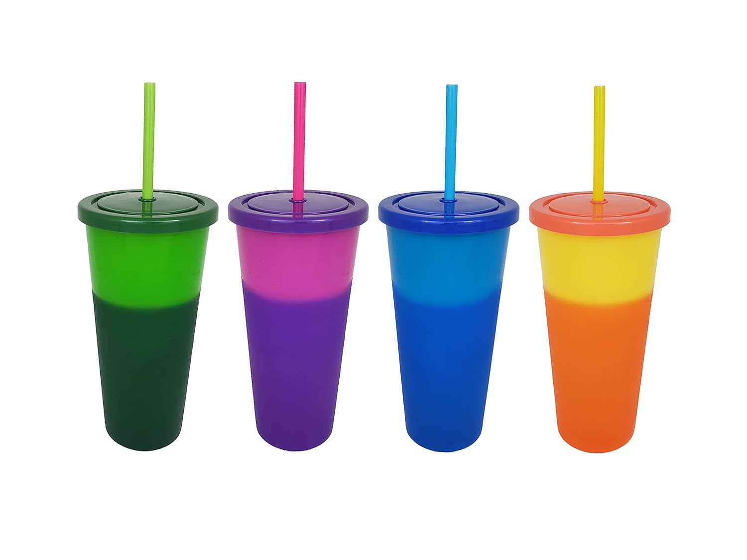 Essential Drinkware 24oz Instant Color Changing Cups Set of 4 Reusable Plastic Tumblers with Screw on Lids and