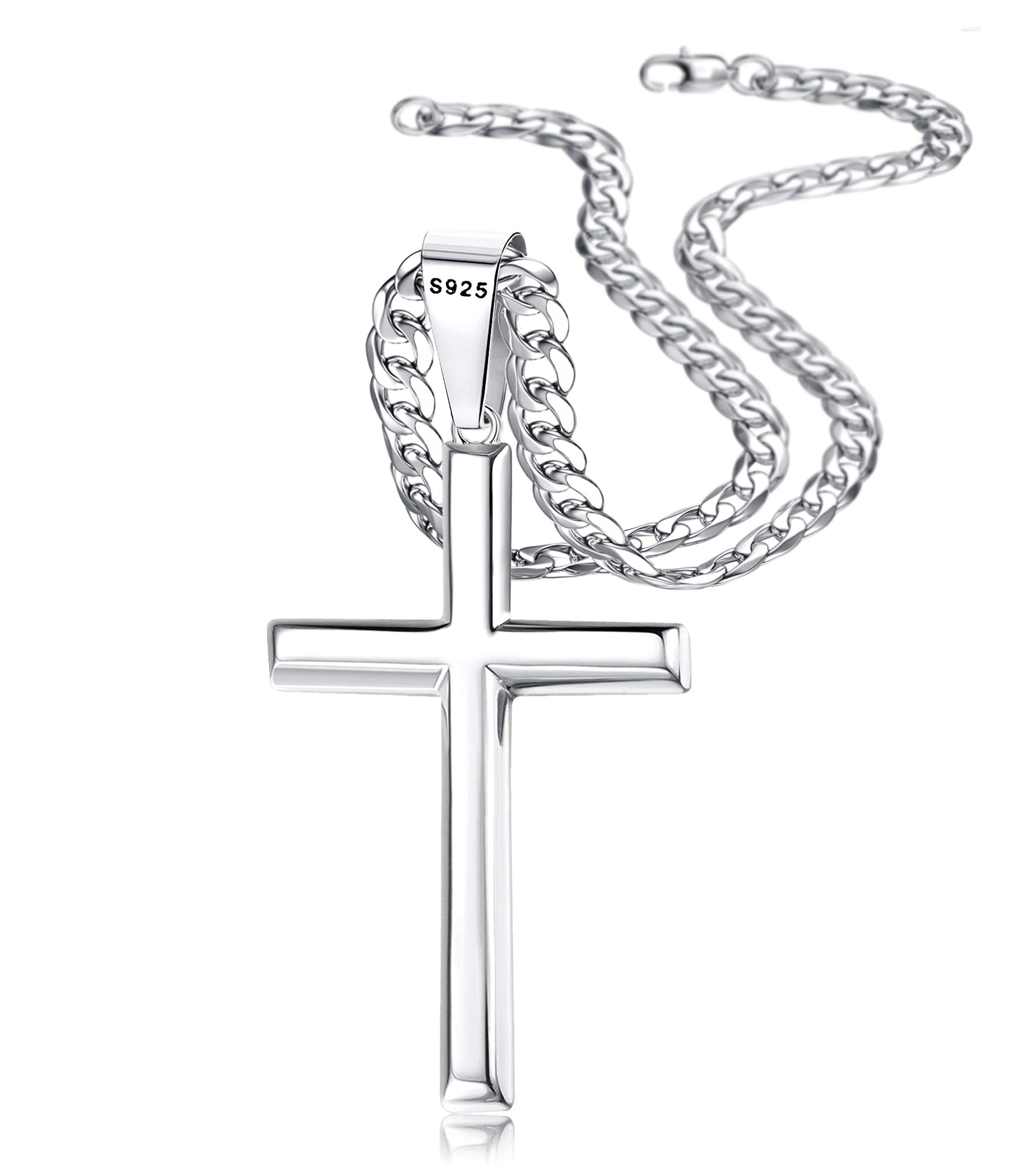 925 Sterling Silver Cross Necklace Beveled Edge for Men Women 5mm Stainless Steel Non Tarnish Durable Cuban Link Curb Chain Crucifix Pendant Necklace Jewelry 16-30 Inches Stocking Stuffers Christmas Christian Baptism Gifts