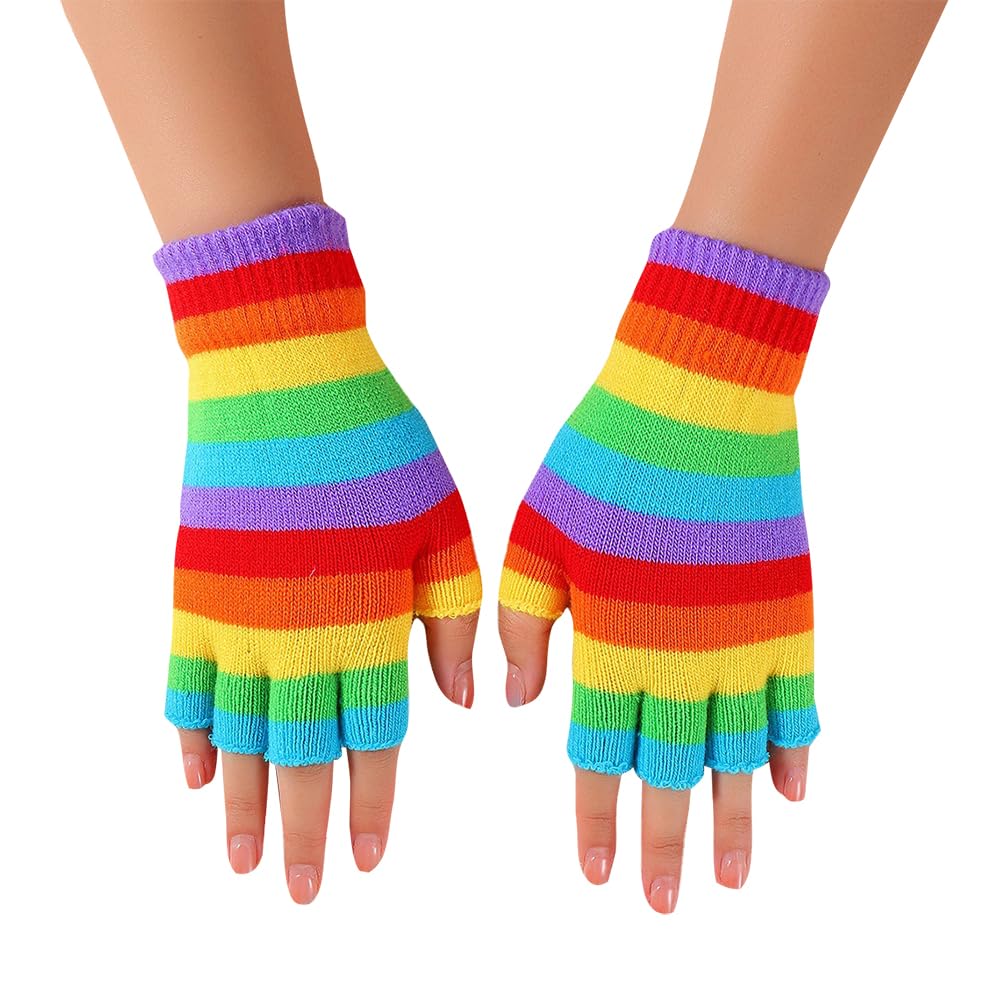 FSSTUD 1 Paar Regenbogen Gestreifte Fingerlose Handschuhe Halbe Finger Strickhandschuhe Warme Tippen Fäustlinge Bunte Winter Thermische Handschuhe, 