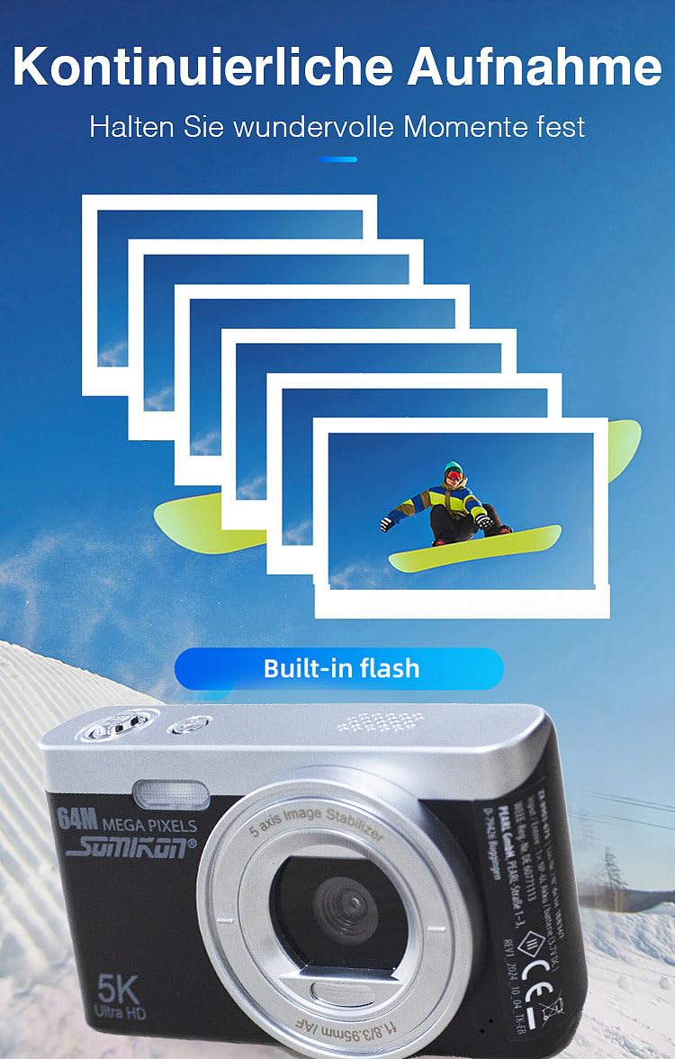 Somikon Fotocamera Digitale Compatta ZX8903 64 MP 5K Autofocus Zoom Digitale 16x