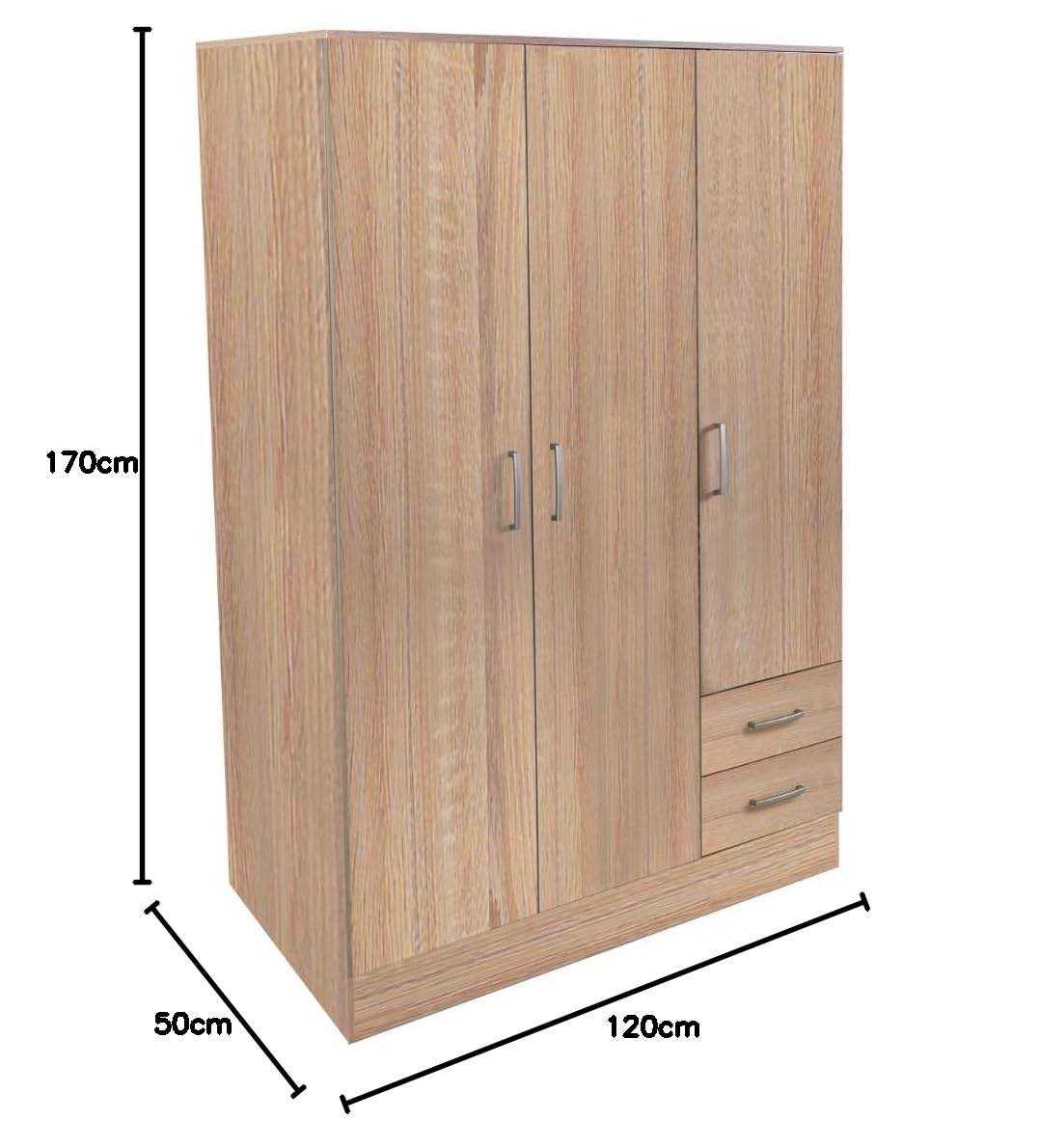 Bissolo Casa Armadio Multiuso Rovere 120x50x170 cm con 3 Ante e 2 Cassetti, Mobile con Tubi Appendiabiti in Laminato, Armadio per Camera da Letto, Ripostiglio e Garage