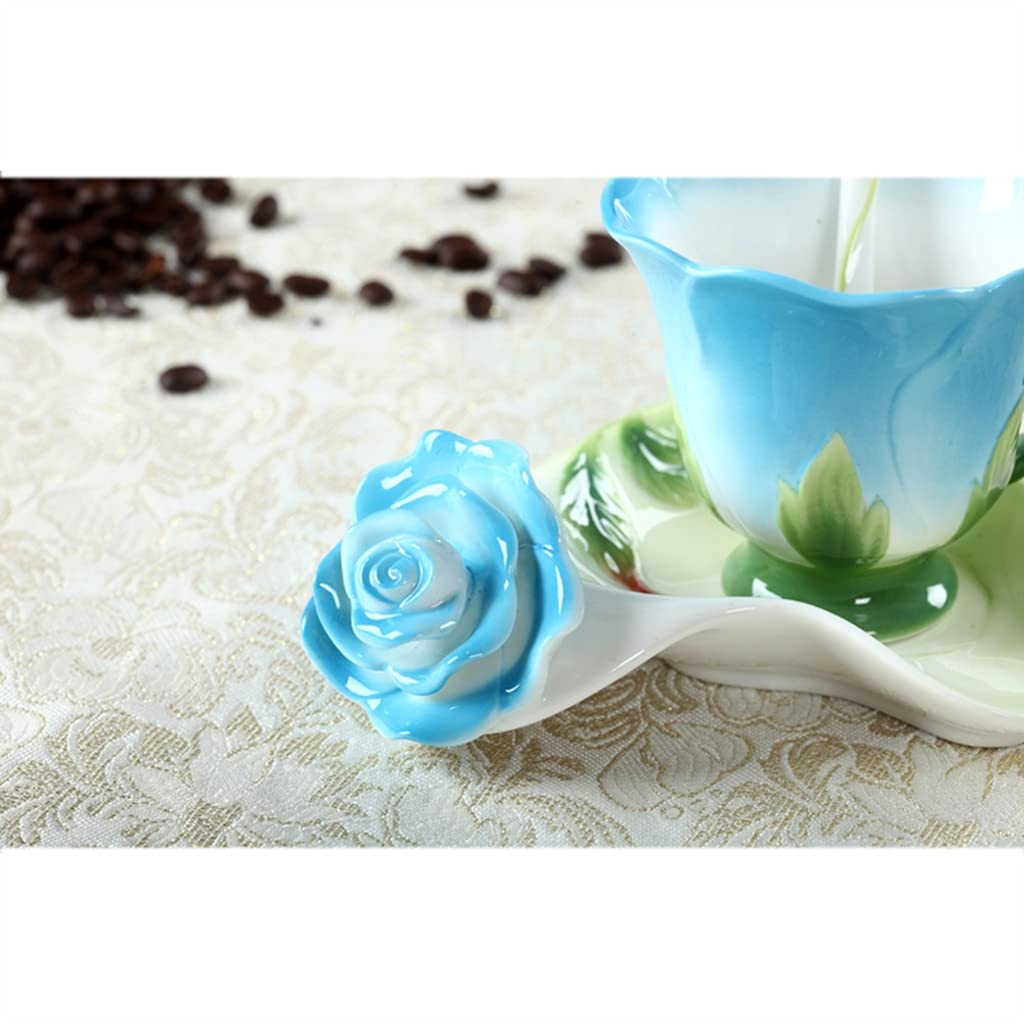 Teetassen-Set, handgefertigte Emaille-Keramik, Blumen-Kaffeetassen-Set mit Henkel, Cappuccino-Tasse mit Löffel und Untertasse (Blau)