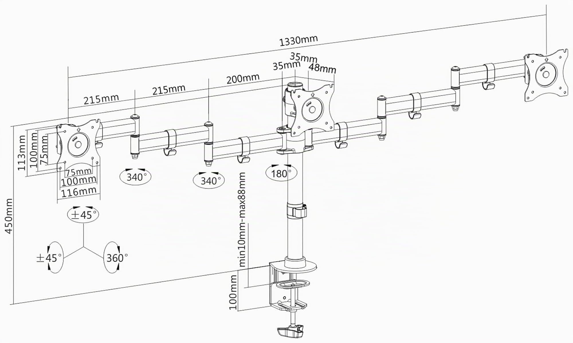 PureMounts OFFICE-03 Supporto da tavolo per 3 monitor da 33-69 cm (13-27"), inclinabile: da -45° a 45°, orientabile: 180°, ruotabile: 360°, VESA 100x100, nero