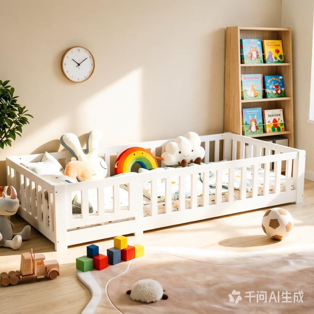 BestAlice Cama infantil Montessori de 90 x 190 cm, con protección anticaída y somier, cama juvenil, cama individual, para niñas y niños, madera maciza de pino incluida, color blanco