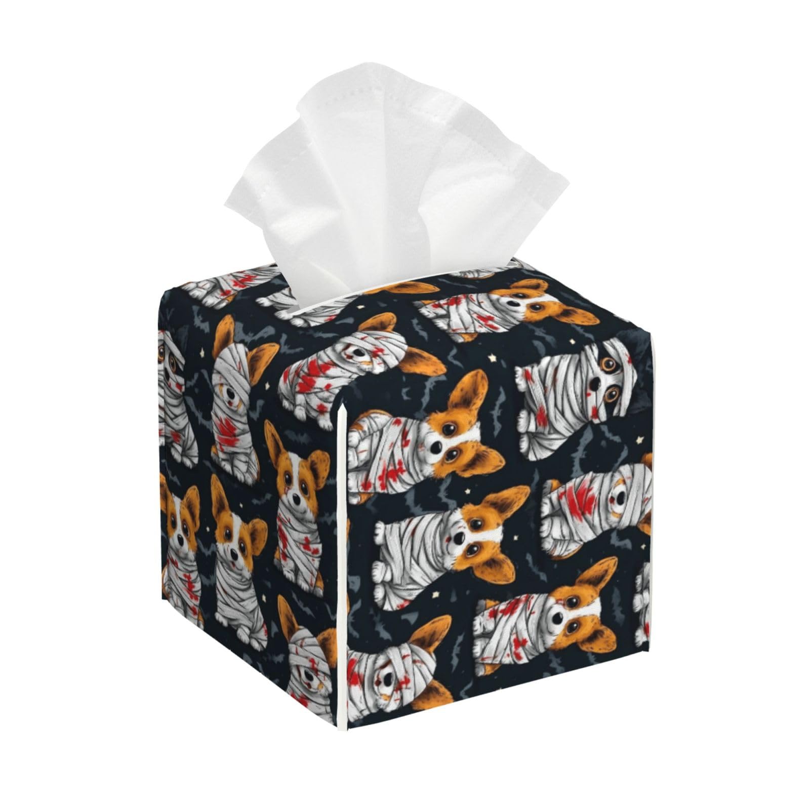 Mummy Corgi Halloween Print Tissue Box Cover Holder Square, Foldable Modern Cube Tissue Box Cover, Leather Decorative Organizer for Tabletop Bathroom Car Office Desk Decor