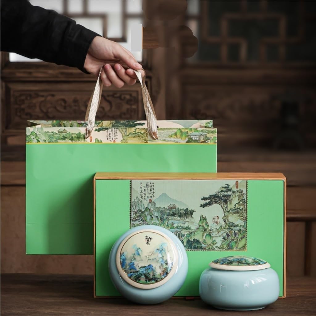 SONGCHAO Sugar Jar Ceramic Loose Tea Storage Jar Double Jar Gift Box Set Home Kitchen Seasoning Storage Jar Food Storage Jar Sealed Jar Tea Canister (Color : Green Gift Box)