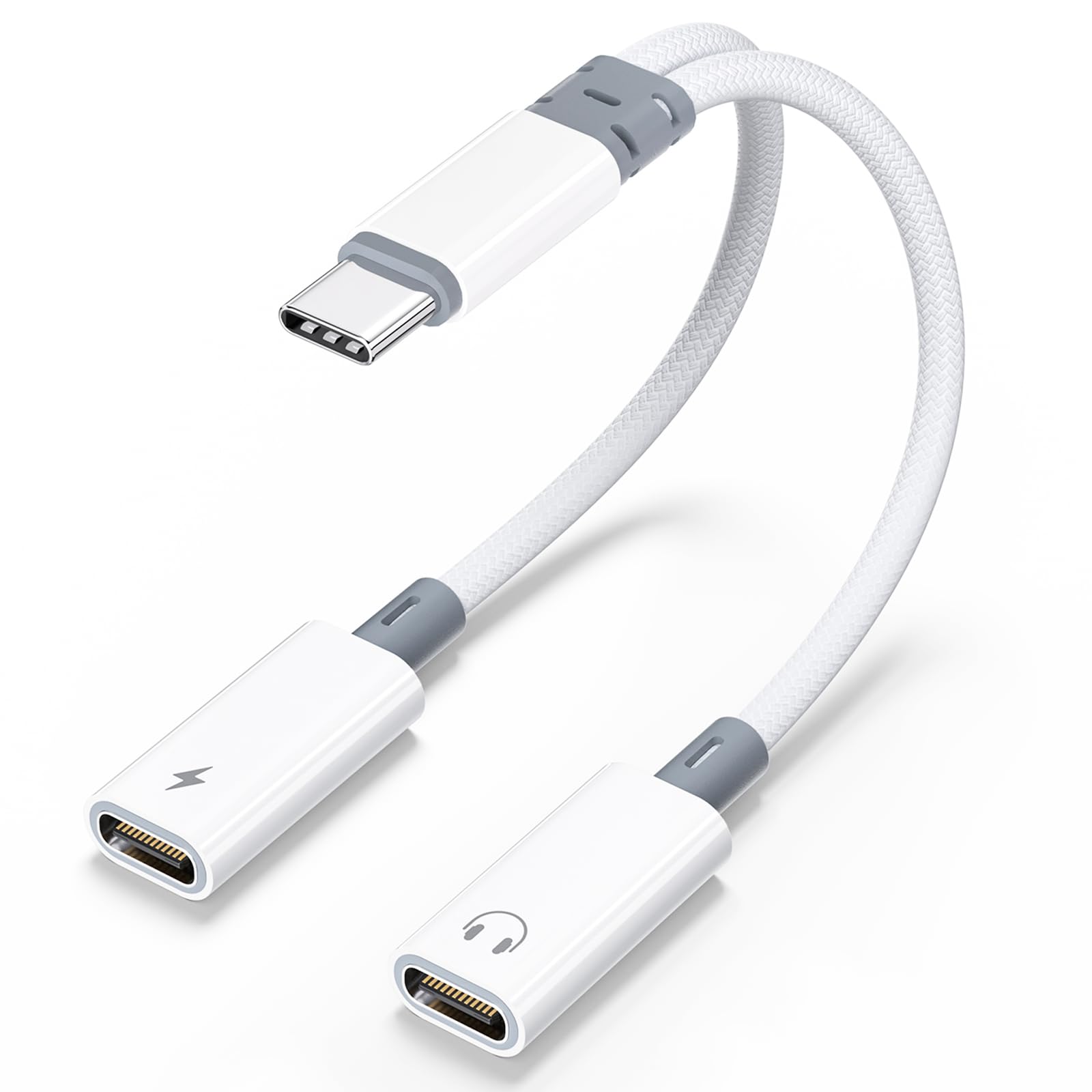 AreMe USB C Splitter, Dual USB C Headphone and Charger Adapter, 2-in-1 Type C Audio Dongle Cable with PD 60W Fast Charging for iPhone 15/16 Series,