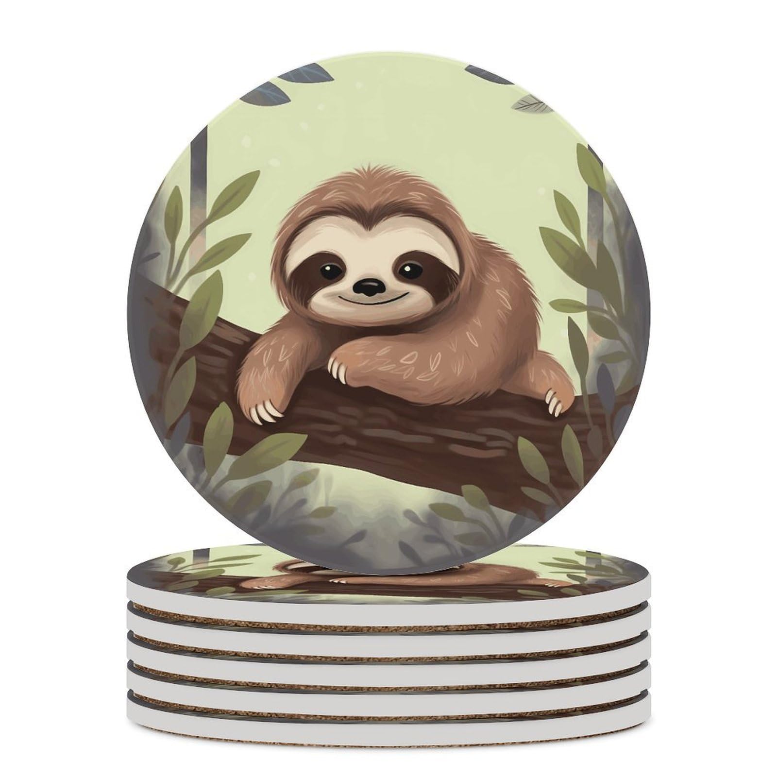 Cute Sloth1 Coaster with Cork Base Drink Coasters for Coffee Table Decor Modern Cup Coasters with Non-Slip & Heat-Resistant Cute Ceramic Table Coaster for Home Dining