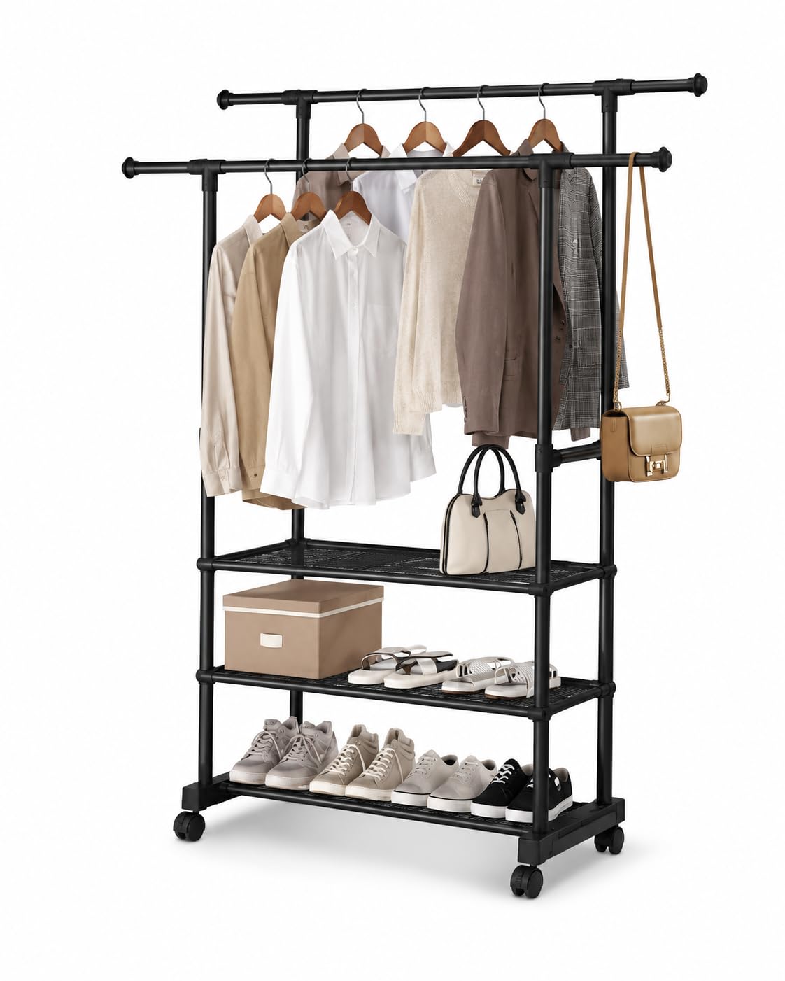 Generico Appendiabiti da Terra con Ruote e Ripiani – Stand Appendiabiti Doppio Bastone in Acciaio Nero – Attaccapanni Salvaspazio per Camera, Ingresso e Cabina Armadio – 42x76x150 cm