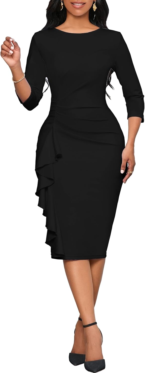 Bdwinz Fitted Work Dresses for Women 3/4 Sleeve Bodycon Ruffle Vintage Pencil Midi Dress - Image 5