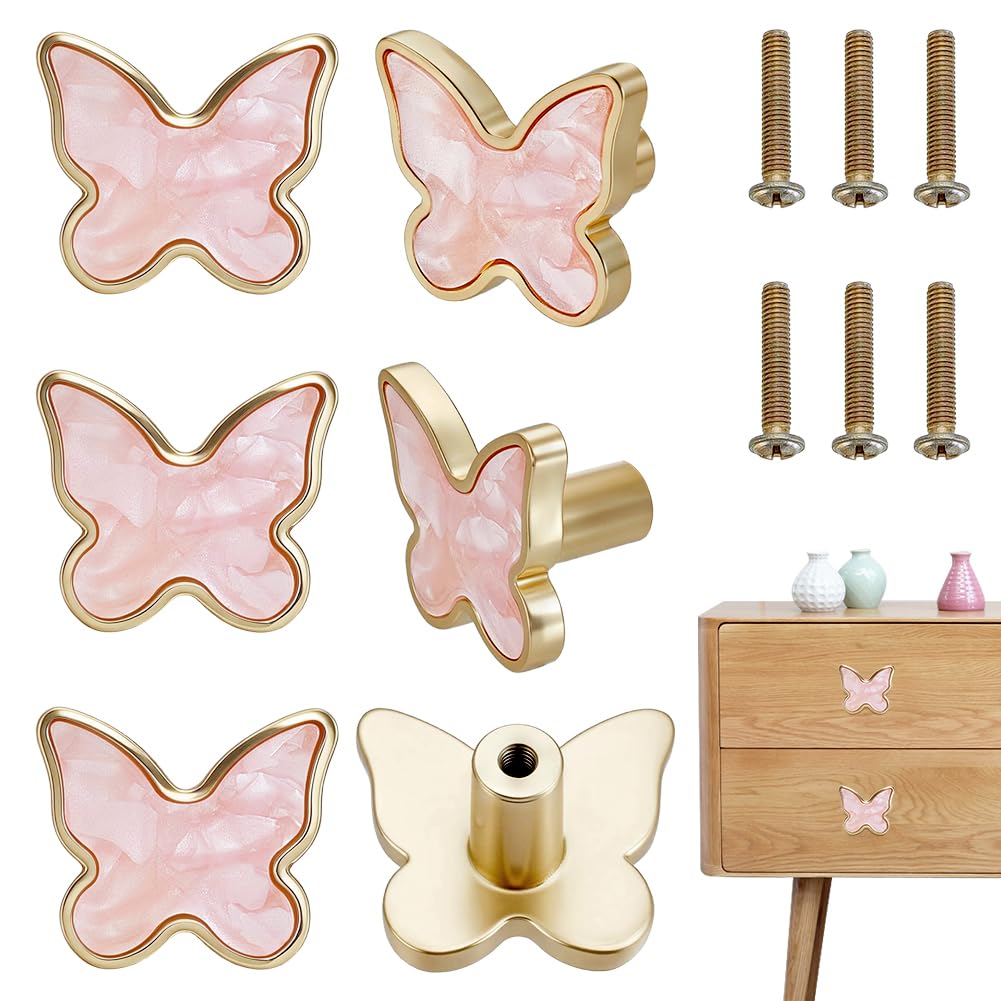 AHANDMAKER 6 Pcs Butterfly Drawer Knobs Shell Material Cute Pink Decorative Cabinet Knobs Dresser Handles for Cabinet Drawer Bathroom Wardrobe Decoration, 1.10x1.26x0.87in