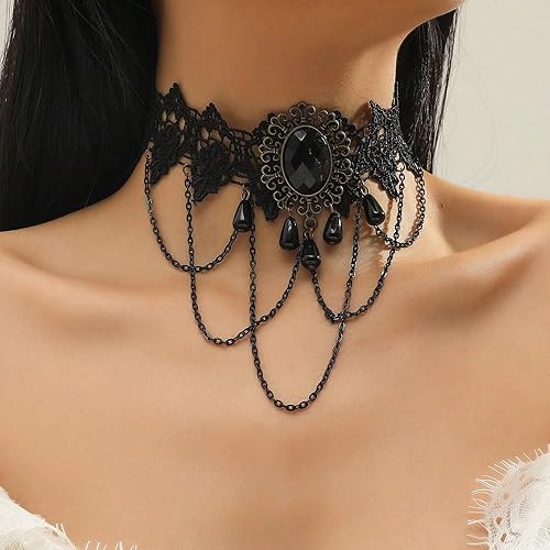 Miniatura 3 de Gargantilla de encaje negro punk vintage con cuentas de lágrima negra, gargantilla gótica hueca de encaje con borlas, collar de graduación para