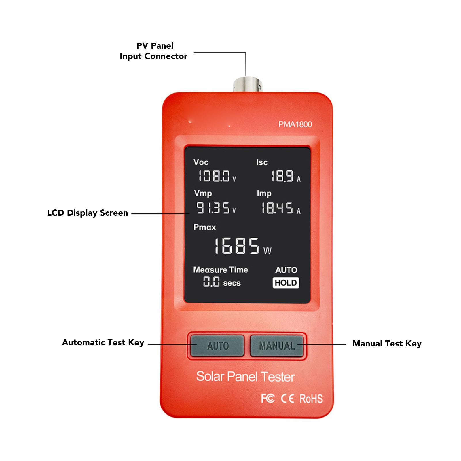 Tester per Pannelli Solari, Misuratore MPPT 1800W Potenza Massima 60A Corrente per Modulo Fotovoltaico con Display LCD, Protezioni da Sovratensione e Surriscaldamento,
