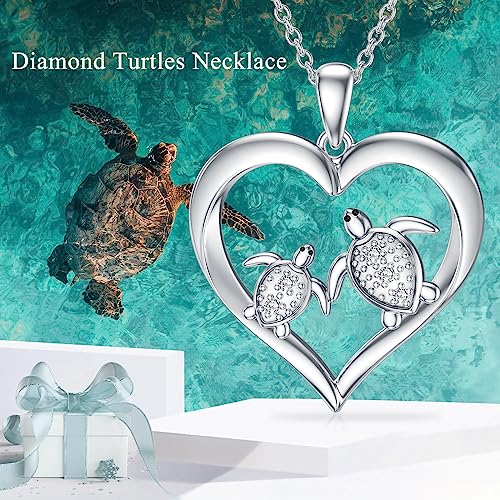 Diamond Heart Necklace Sterling Silver Sea Turtle Flamingo Fox Rose Flower Mushroom Frog Teddy Bear Gymnast Butterfly Feet Three Hearts Pendant Necklaces for Women Heart Jewelry Gifts (Sea Turtle)2