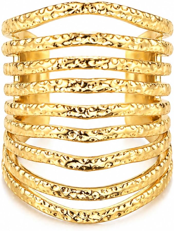 Gold Multi Layer Statement Ring for Women, Wide Band Open Finger Ring, Textured Stack Look Ring, Bold Minimalist Fashion Jewelry for Daily Wear Party
