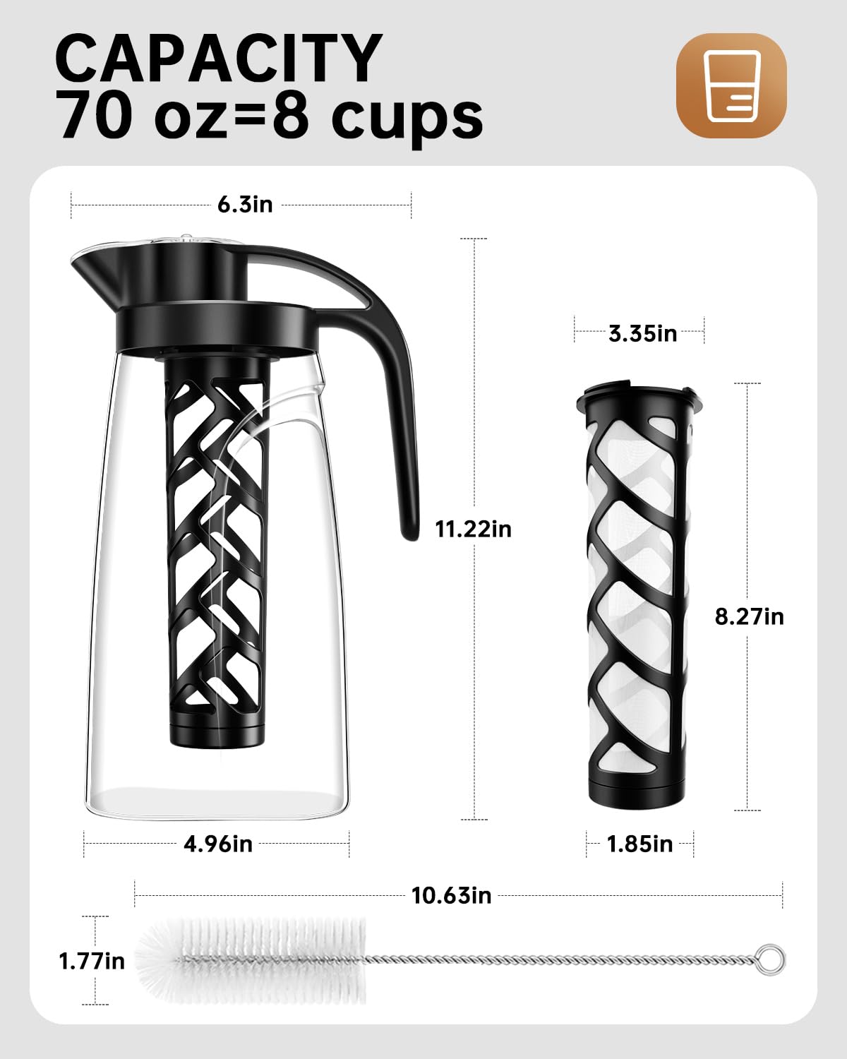 Cafetera fría de 70 onzas (71.0 fl oz), jarra Tritan sin BPA, cafetera helada y cafetera de té, 100% a prueba de fugas, filtro de malla reutilizable fácil de limpiar, color negro 8
