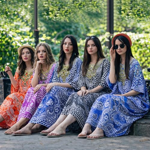 Image of Miss Lavish London Swimwear Cover ups Kaftan Dresses for Women Ethnic Print V Neck, Beach Coverups Plus Size, Side Slit & Pockets on Both Sides, Womens Beach Resort Wear-Purple-L