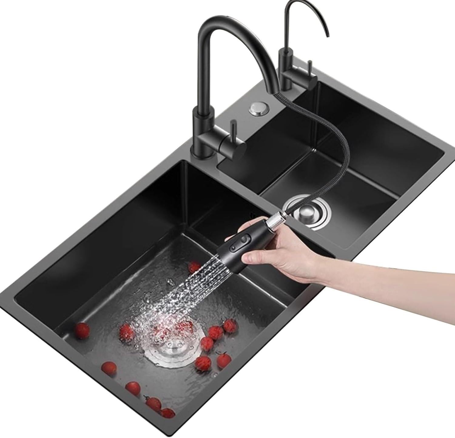 Évier de cuisine noir double bac inox 72x40x20 cm robinet extractible cuisine