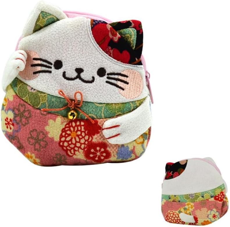 EatingBiting Japanese Style Zipper Maneki Neko Lucky Cat Chirimen Kimono Feng Shui Cat Coin Wallet Holder for Coin, Money, Credit cards keys, change, lip balm, breath mints