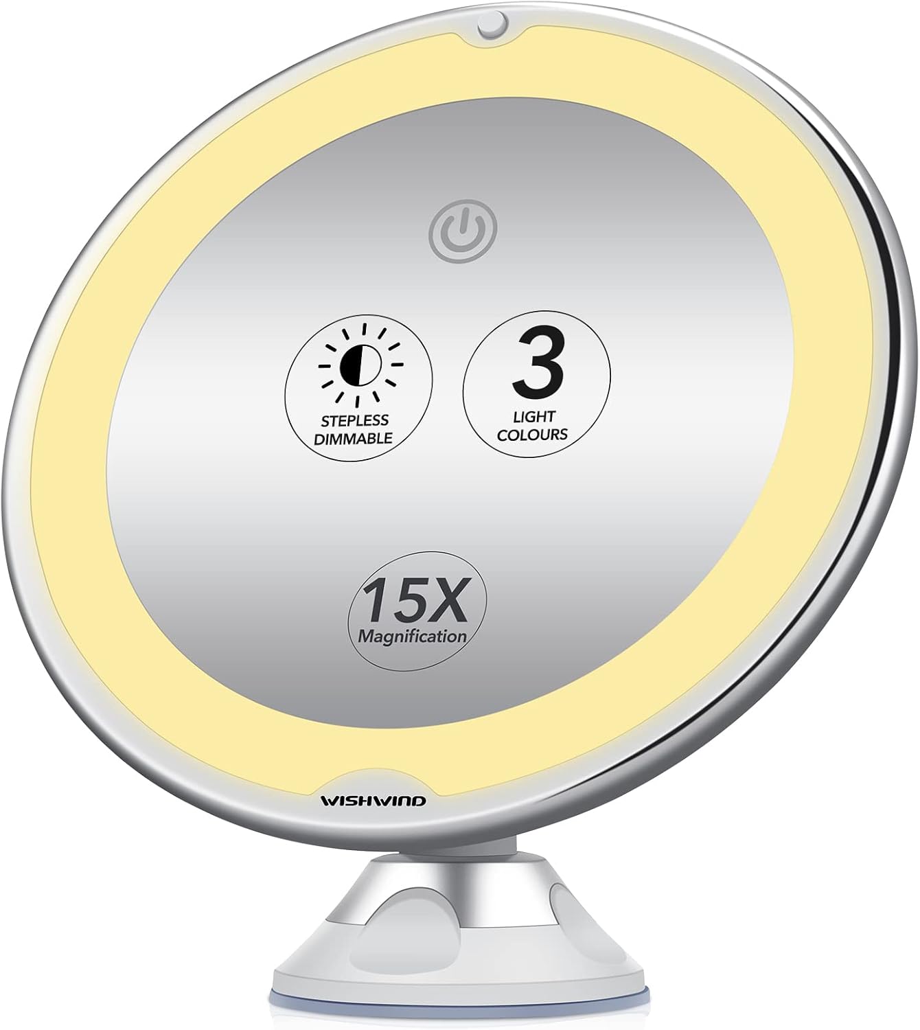 15X Magnification with Lights, Large 8 inch Portable Illuminated Makeup Mirror with Touch Sensor, 3 Color Modes, Dimmable Light and Locking Suction Cup for Bathroom Magnifying Mirror