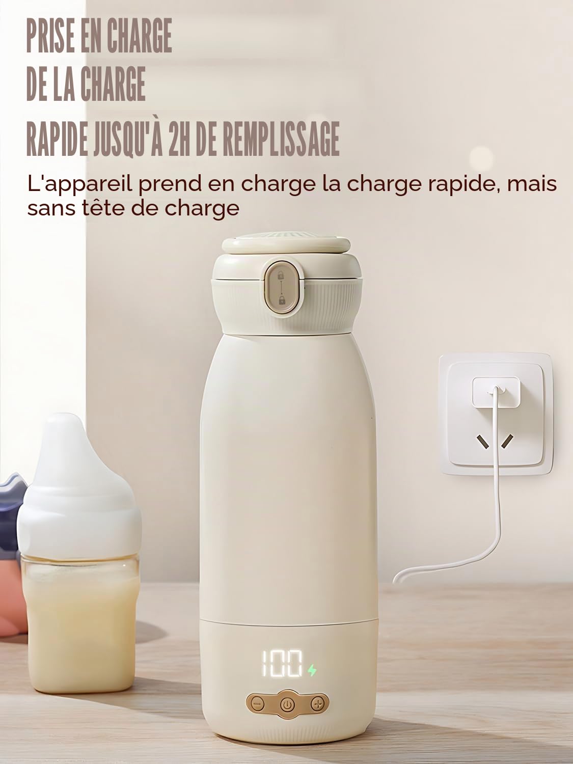 Chauffe biberon nomade, Peut être chauffé, Chauffage rapide en 3 minutes, maintenu au chaud et stérilisé,Grande Capacité de 500ml,Grande batterie de 10400 mAh, Brosse de nettoyage gratuite