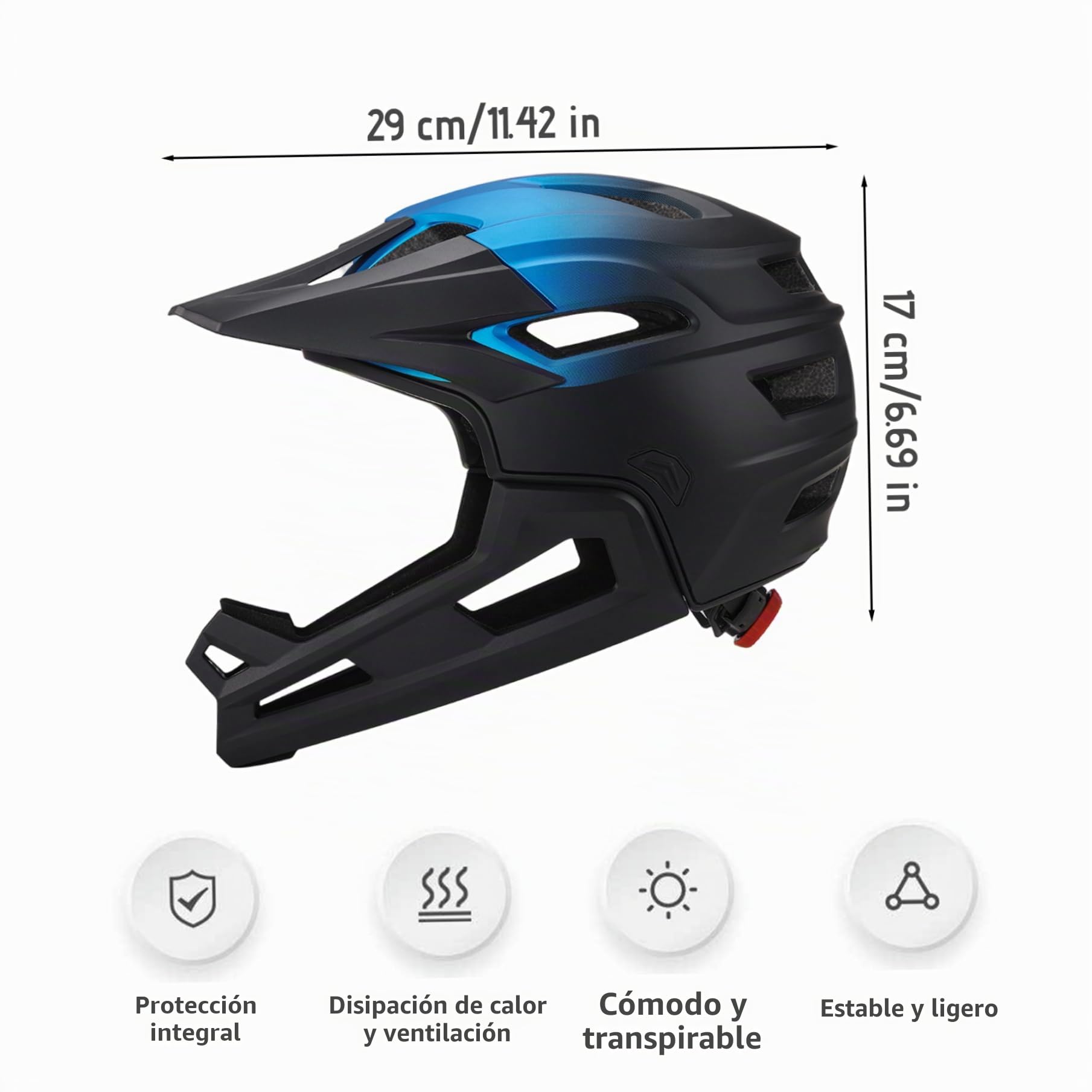 Casco de Bicicleta de montaña para Adultos, Transpirable, a Prueba de Golpes, de policarbonato, Integral, con Soporte de Barbilla Desmontable, Ajustable, Unisex, Negro y Azul, Protector de Cabeza
