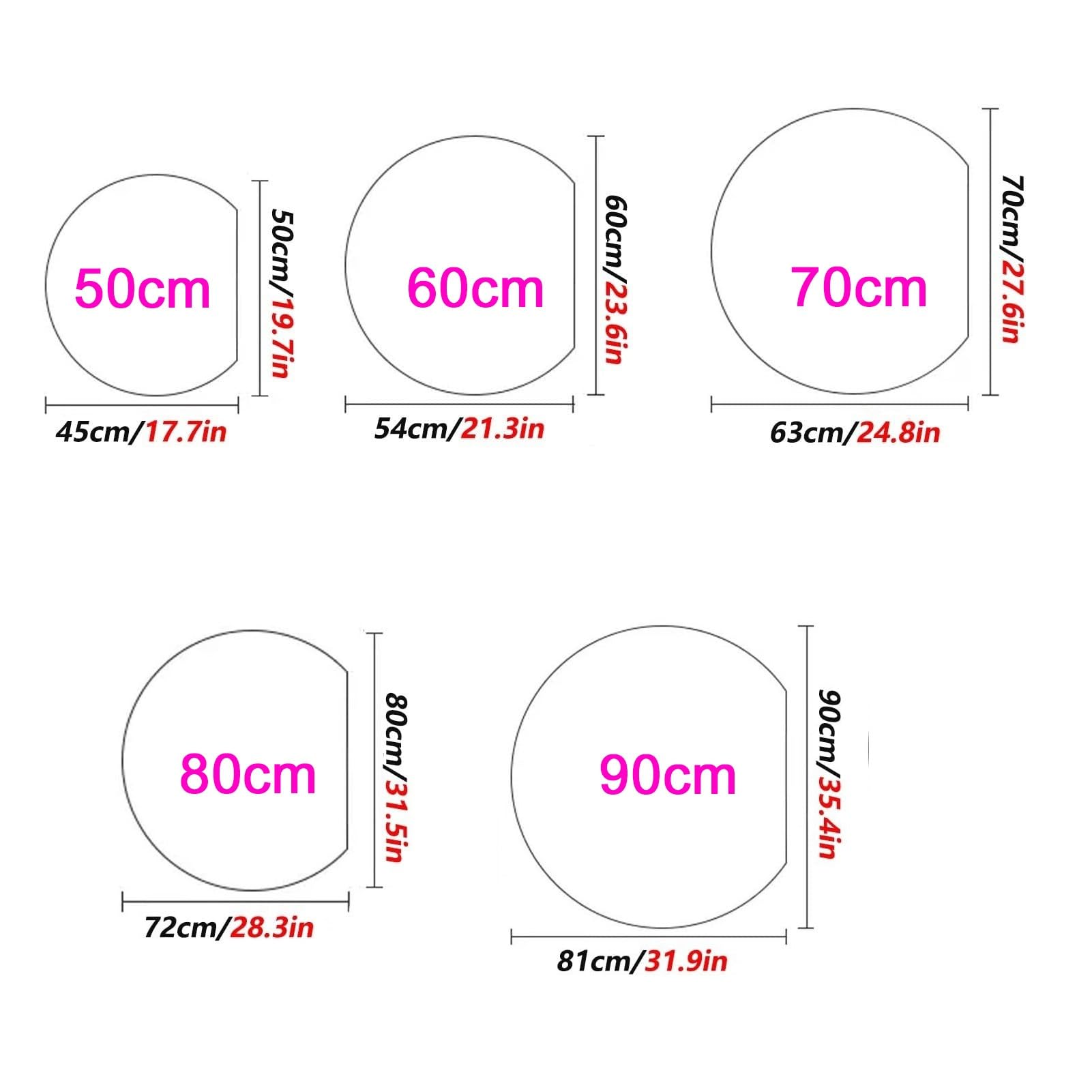 Półokrągłe lustro łazienkowe z podświetleniem LED, 80 cm lustro kosmetyczne z przeciwmgielnym i przełącznikiem dotykowym, 3-kolorowe oświetlenie, dekoracyjny półksiężyc