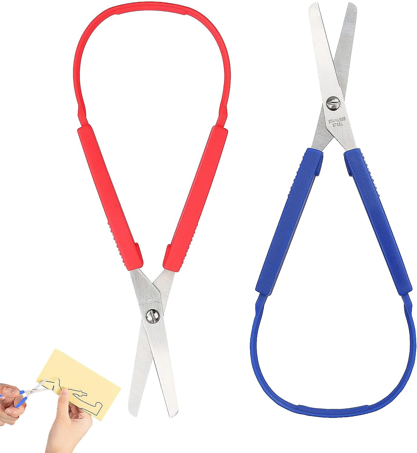 2 PCS Self-Opening Safety Scissors,Loop Scissors, for Children & Adults,Special Needs, Paper Work, Sewing, Art & Craft(Red*Blue)