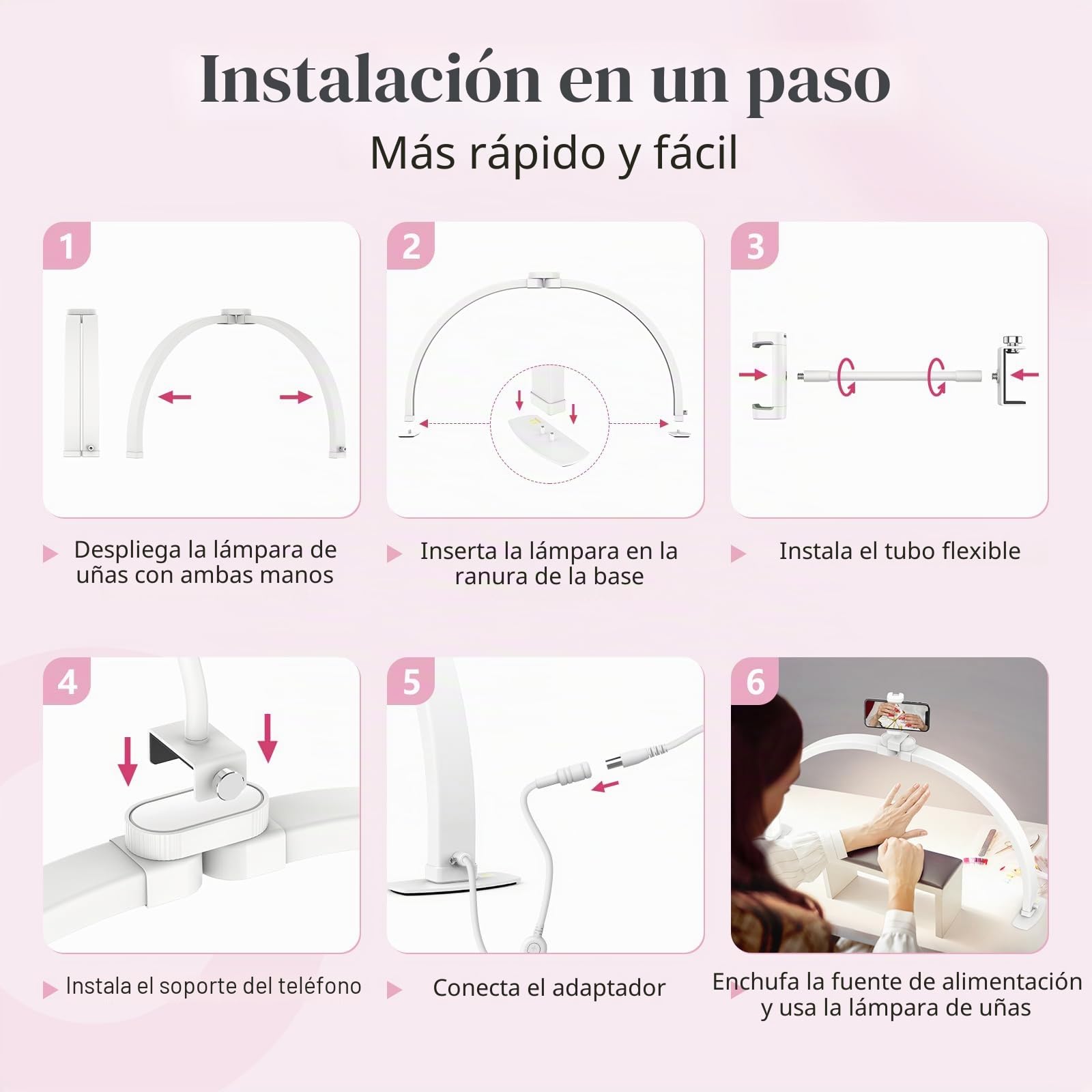 Lámpara de Media Luna para Manicura: Lámpara de Arco de 58 cm para Manicuristas con Soporte para Teléfono para Principiantes - 3 Modos de Color y 10 Niveles de Brillo Ajustables - Lámpara de Uñas