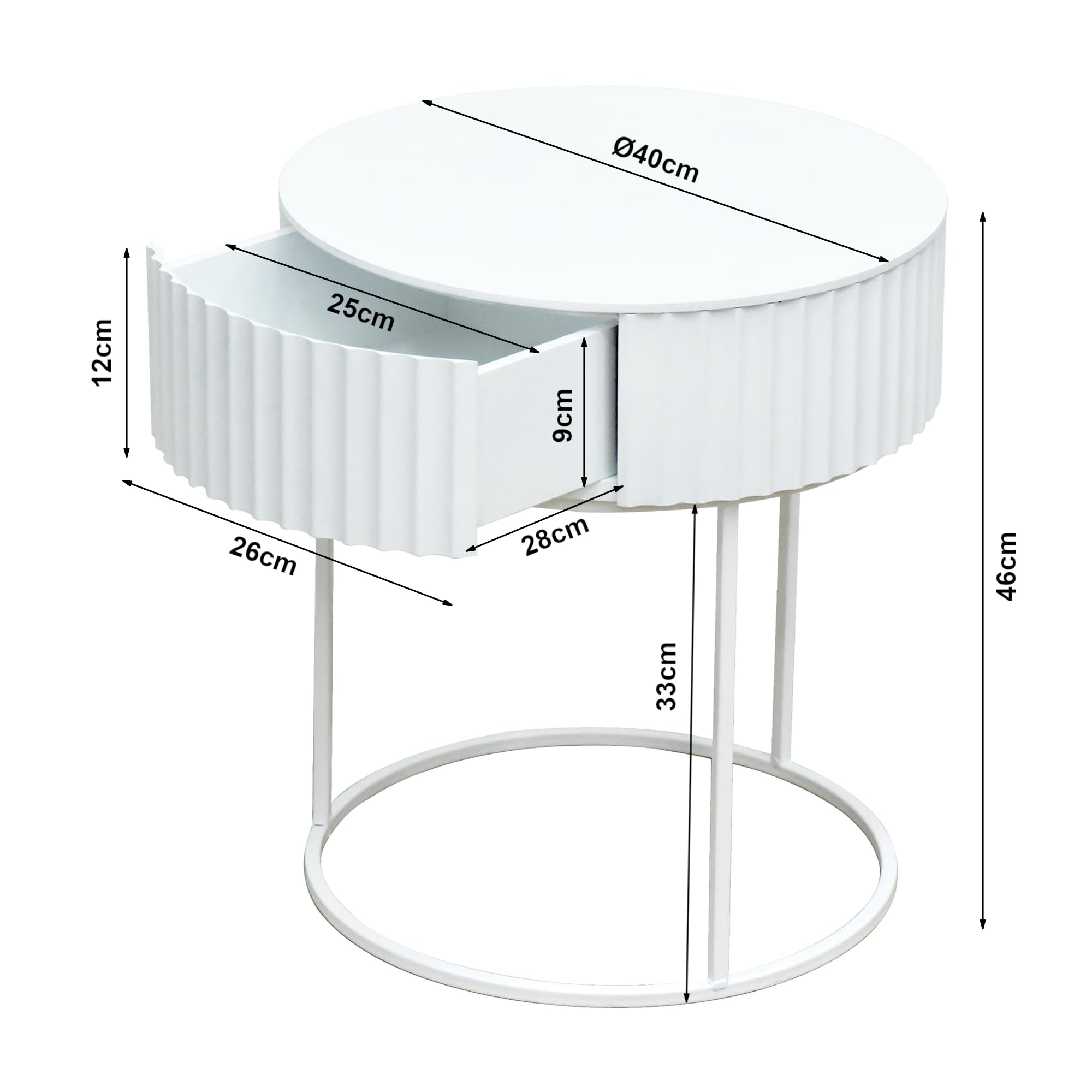 [en.casa] Tavolino Rotondo con Cassetto 46 x Ø40 cm Comodino con Telaio in Metallo Tavolo Basso da Divano Caffè per Soggiorno Salotto Camera da Letto Ingresso - Bianco