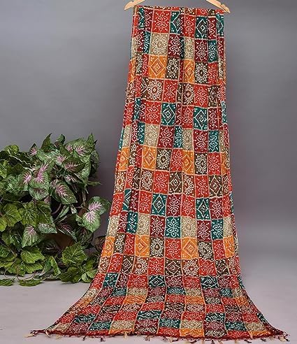Image of PK HUB Women's Jaipuri Rajasthani Bandhani Dupatta | Art Silk Bandhej Dupatta with Gota Patti Work & Tassels (Free size)